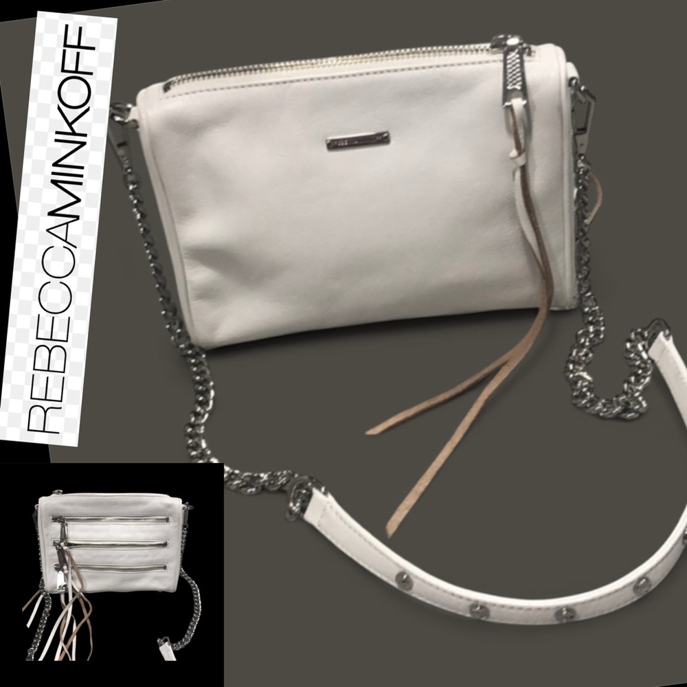 REBECCA MINKOFF Moto
3 Zip White Pebble Leather Chain Fringe Stud XBody
Bag
